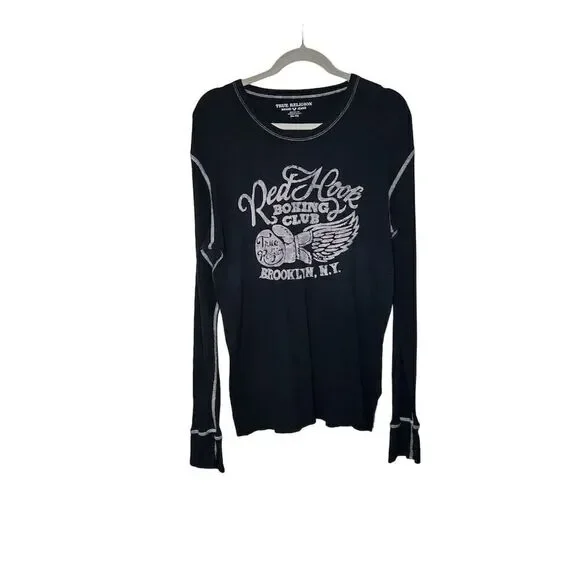 True Religion Men's 2XL Black Thermal Long Sleeve Graphic T-Shirt Boxing Theme - Picture 2 of 4